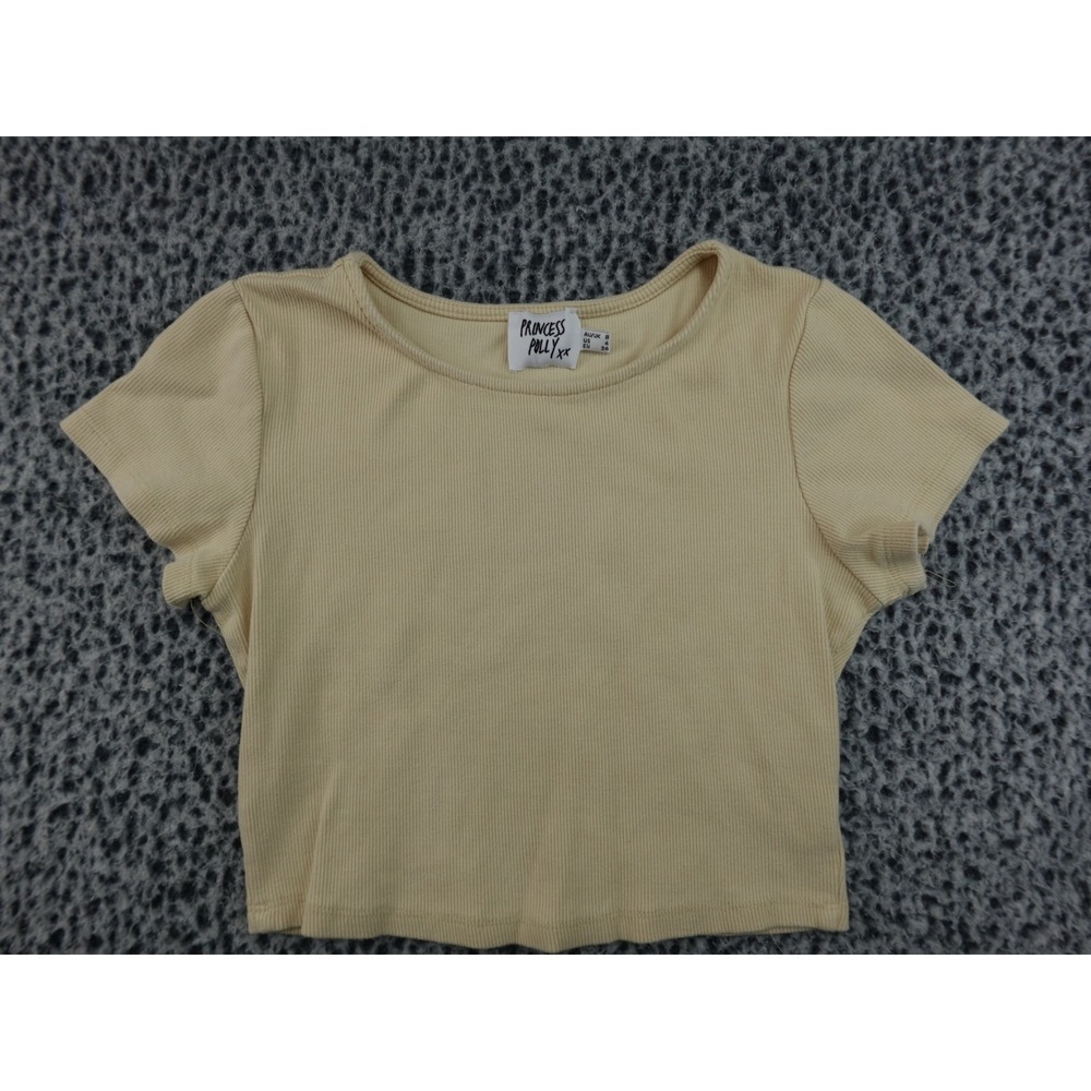 Princess Polly Ribbed Baby Tee Women US4 Yellow Short Sleeve Organic Cotton Crop